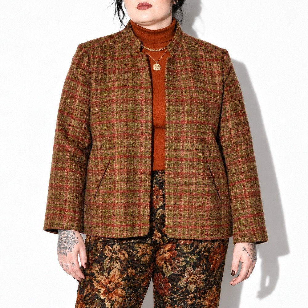 Wool Plaid Blazer Womens 16 Brown Red Vintage 80s Jantzen A Line Stand Collar